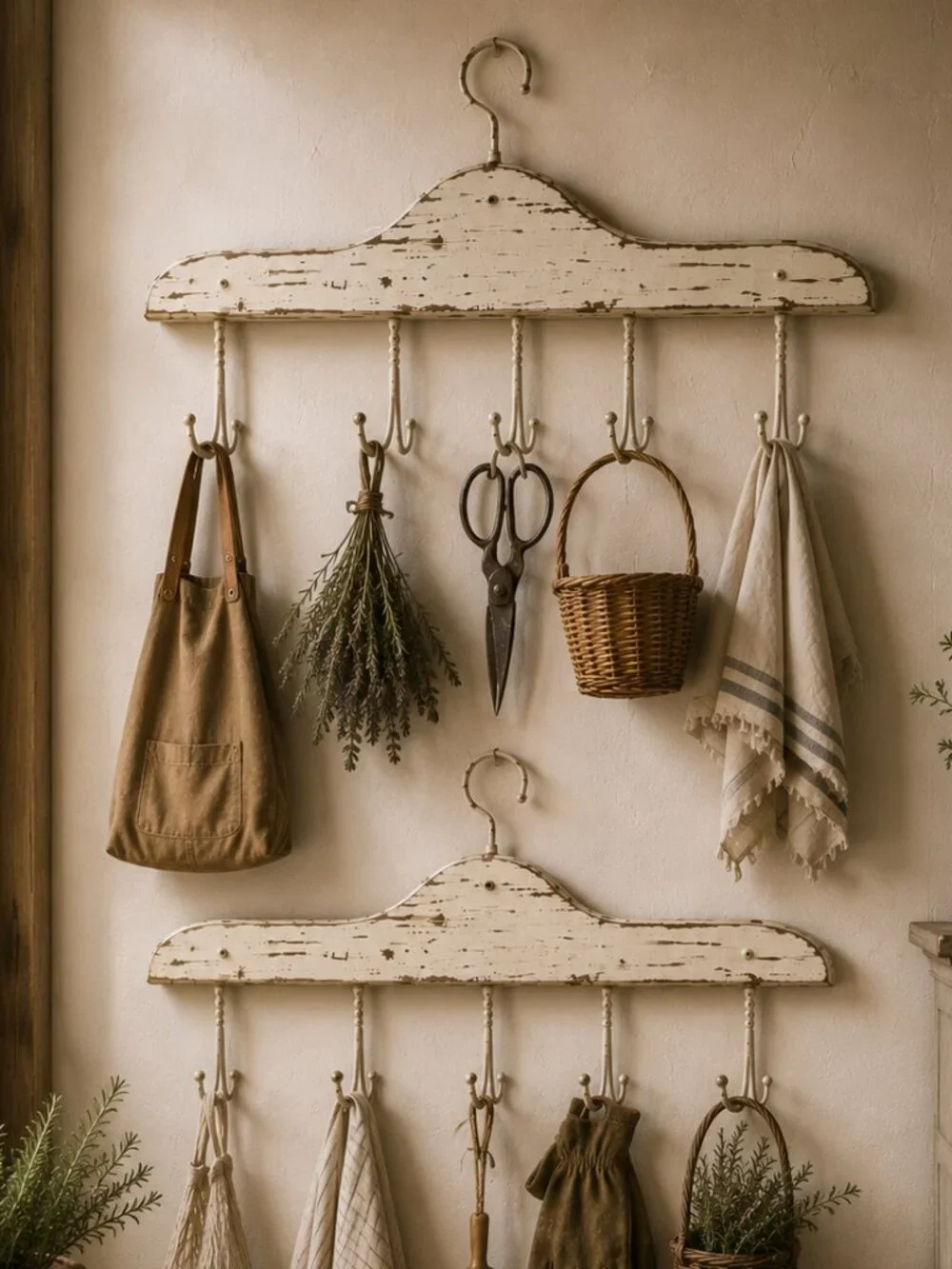 2- Vintage Primitive Whitewashed Wooden Coat Hanger Rack With Four Double Hooks